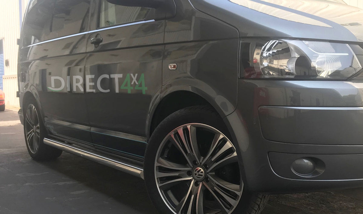 VW T6 ab Bj. 15 Kurzer Radstand Edelstahl Schwellerrohre mit 45° Enden ohne Auftritt - Direct 4x4 Autozubehör